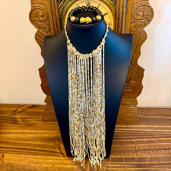 Regal Gold Pearly White Beaded Fringe Statement Choker Necklace w Dagon bracelet - Picture 1 of 7